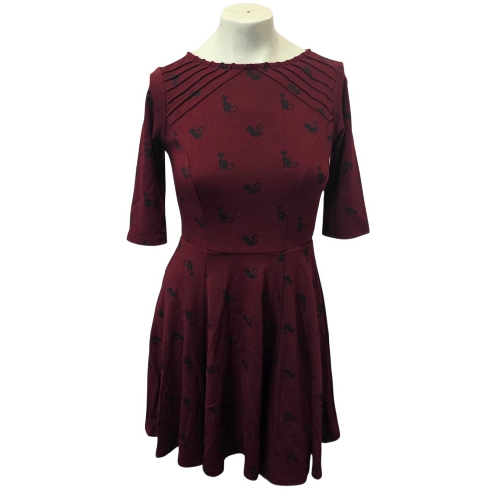 Unique Vintage Cat Print Fit & Flare Dress Burgundy 3/4 Sleeve Women's M 6-8